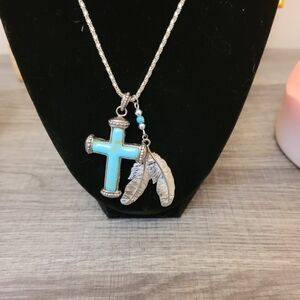 Imitation turquoise cross and feather chain and pendants